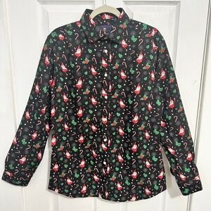 Simon Banks Men's Black‎ Christmas Santa Candy Cane Button Up Shirt Medium